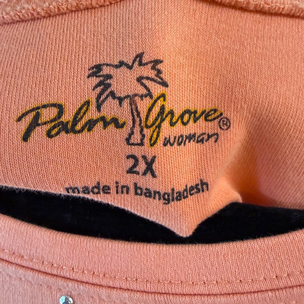 Y2K Rhinestone Palm Tree Peach Pink Sparkly Cotton Graphic Tee 2X - Picture 3 of 10